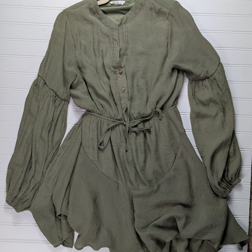 Blu Pepper Long Sleeve Mini  V Neck Dress Olive S - Picture 4 of 11